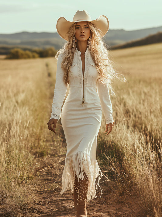 Dakota | Robe Midi Western Bodycon Zip Dentelle Franges Manches Longues