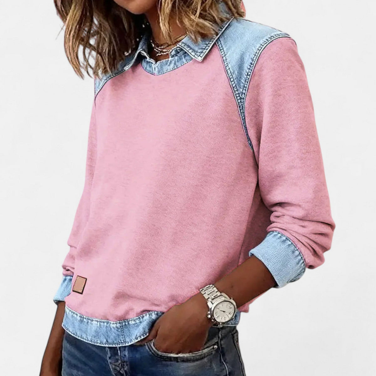 Aurelia | Sweat Femme en Denim Color Block Col Chemise Manches Longues