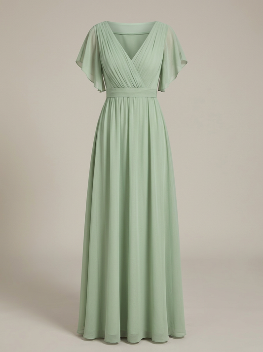 Eulalie | Robe Maxi Chiffon Col V Plissé Manches Papillon A-Line