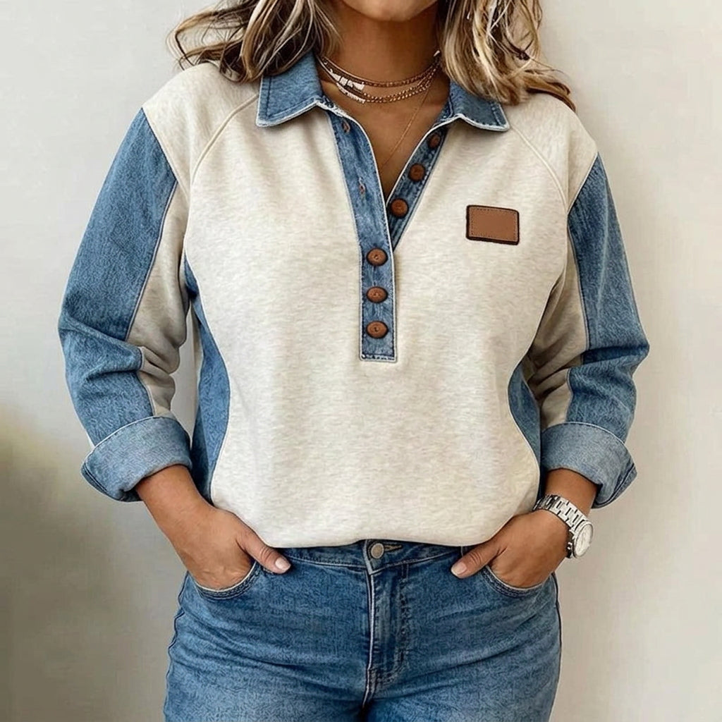 Yelena | Sweat Femme Bicolore Denim Col Chemise à Boutons