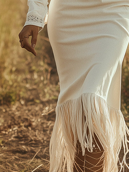 Dakota | Robe Midi Western Bodycon Zip Dentelle Franges Manches Longues