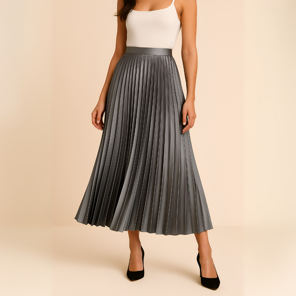 Séverine | Jupe Midi Plissée Taille Haute Élégante en Satin
