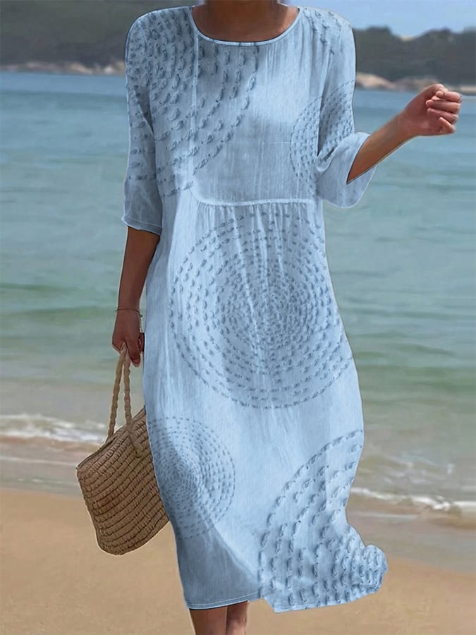 Diane | Robe Midi Boho Imprimé Géométrique Col Rond Manches Longues