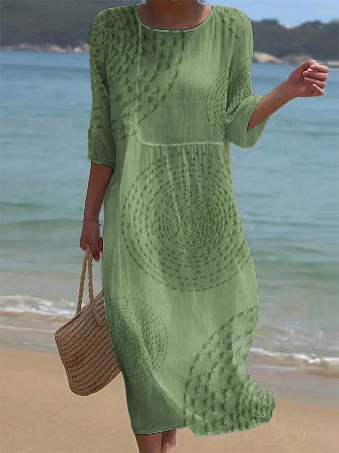 Diane | Robe Midi Boho Imprimé Géométrique Col Rond Manches Longues