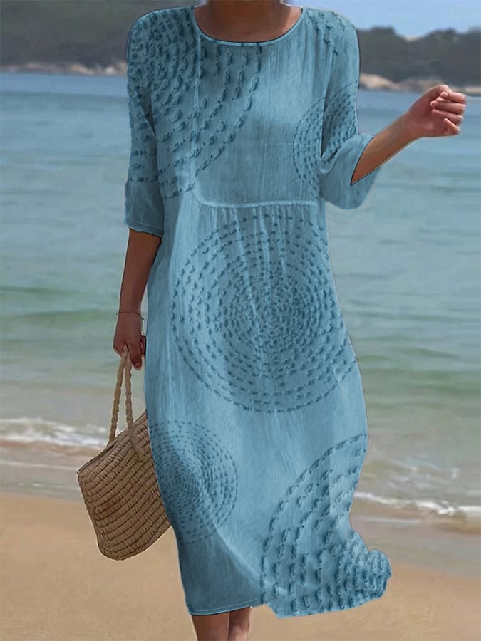 Diane | Robe Midi Boho Imprimé Géométrique Col Rond Manches Longues