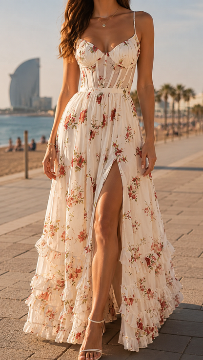 Isabella | Robe Maxi Corset Florale avec Fente Latérale