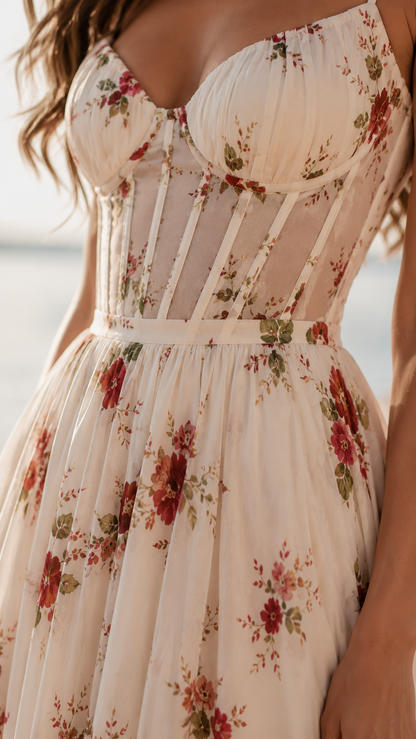 Isabella | Robe Maxi Corset Florale avec Fente Latérale