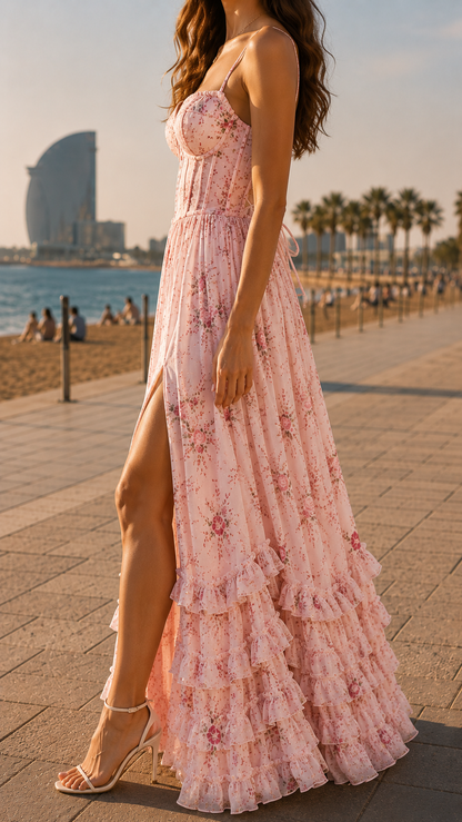 Isabella | Robe Maxi Corset Florale avec Fente Latérale