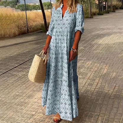 Sabrine | Robe Maxi Boho Imprimé Col V Boutonné Manches Retroussées