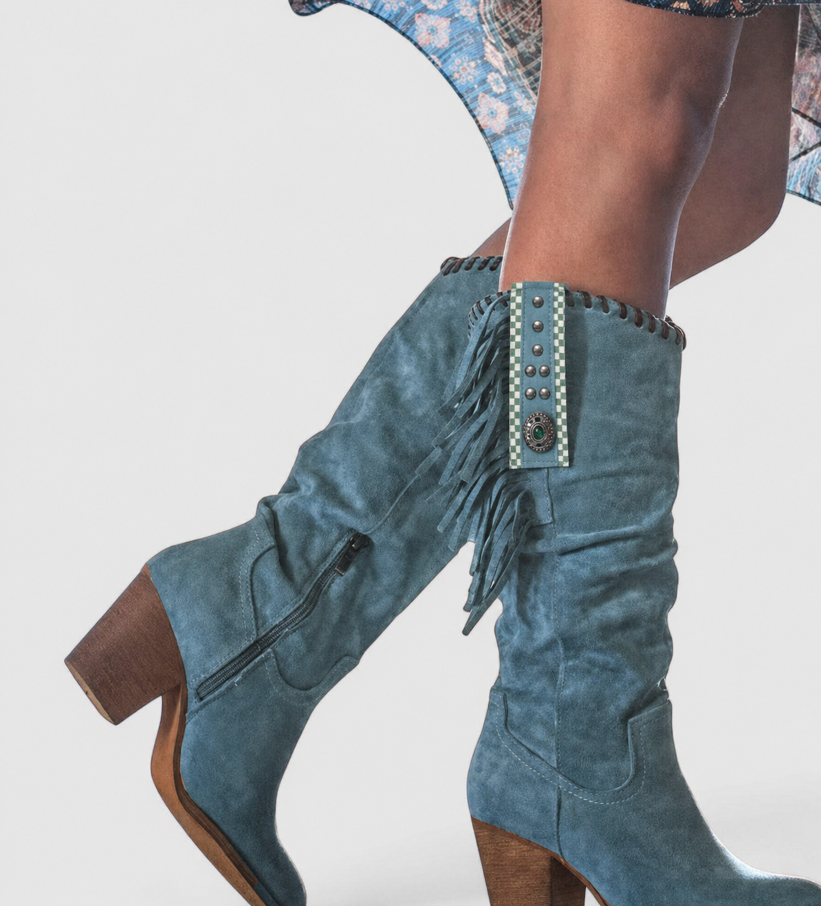 Zoey | Bottes Femme Hautes en Daim à Franges Talon Large Western