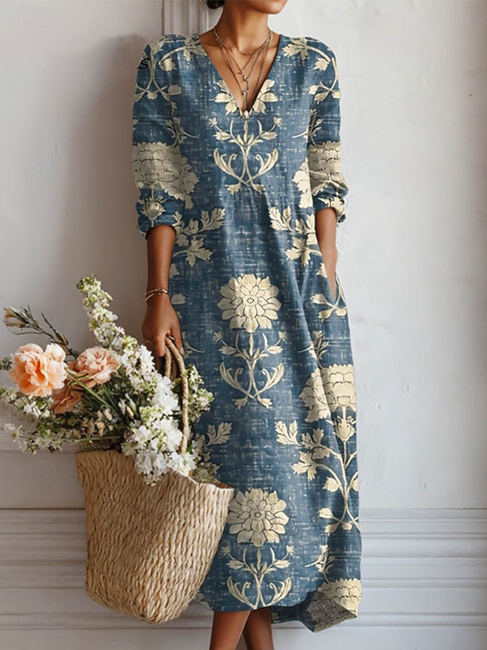 Claire | Robe Maxi Boho Florale Lin Col V Poches Manches Longues