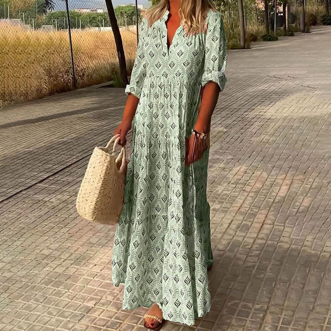 Sabrine | Robe Maxi Boho Imprimé Col V Boutonné Manches Retroussées