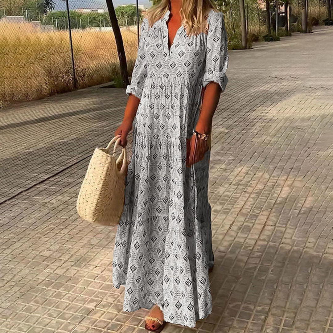 Sabrine | Robe Maxi Boho Imprimé Col V Boutonné Manches Retroussées