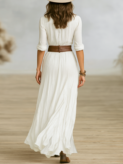 Daisy | Robe Maxi Western Chemise Boutonnée Manches Longues Froncée