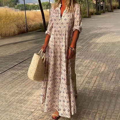 Sabrine | Robe Maxi Boho Imprimé Col V Boutonné Manches Retroussées