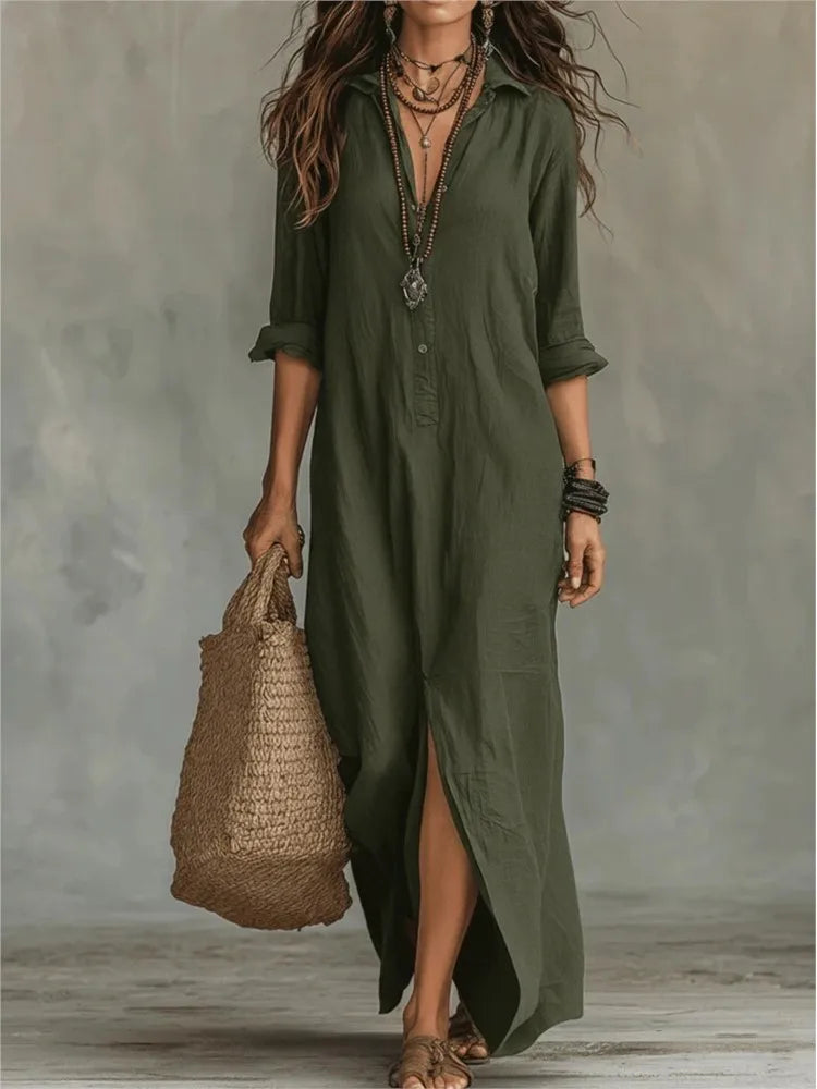 Céleste | Robe Maxi Chemise en Lin Boutonné Manches Longues