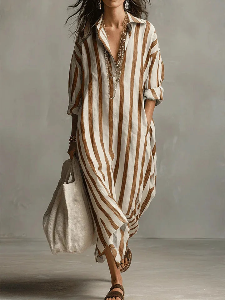 Amélie | Robe Maxi Chemise en Lin Rayé Détendue Manches Longues