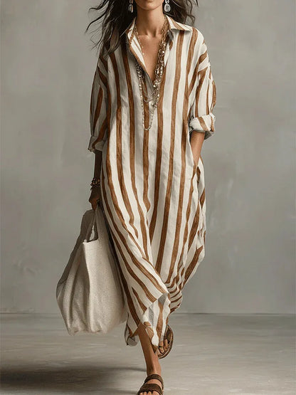 Amélie | Robe Maxi Chemise en Lin Rayé Détendue Manches Longues