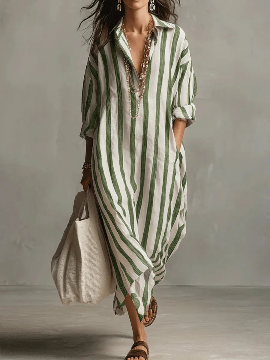 Amélie | Robe Maxi Chemise en Lin Rayé Détendue Manches Longues