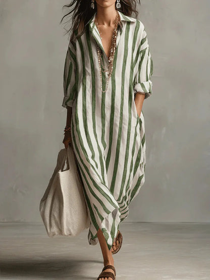 Amélie | Robe Maxi Chemise en Lin Rayé Détendue Manches Longues