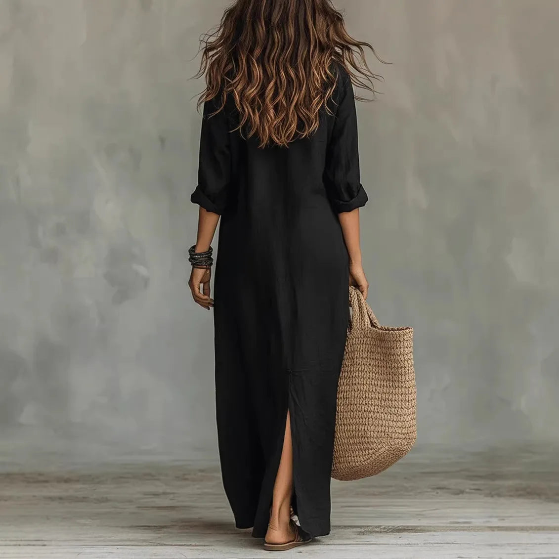 Céleste | Robe Maxi Chemise en Lin Boutonné Manches Longues