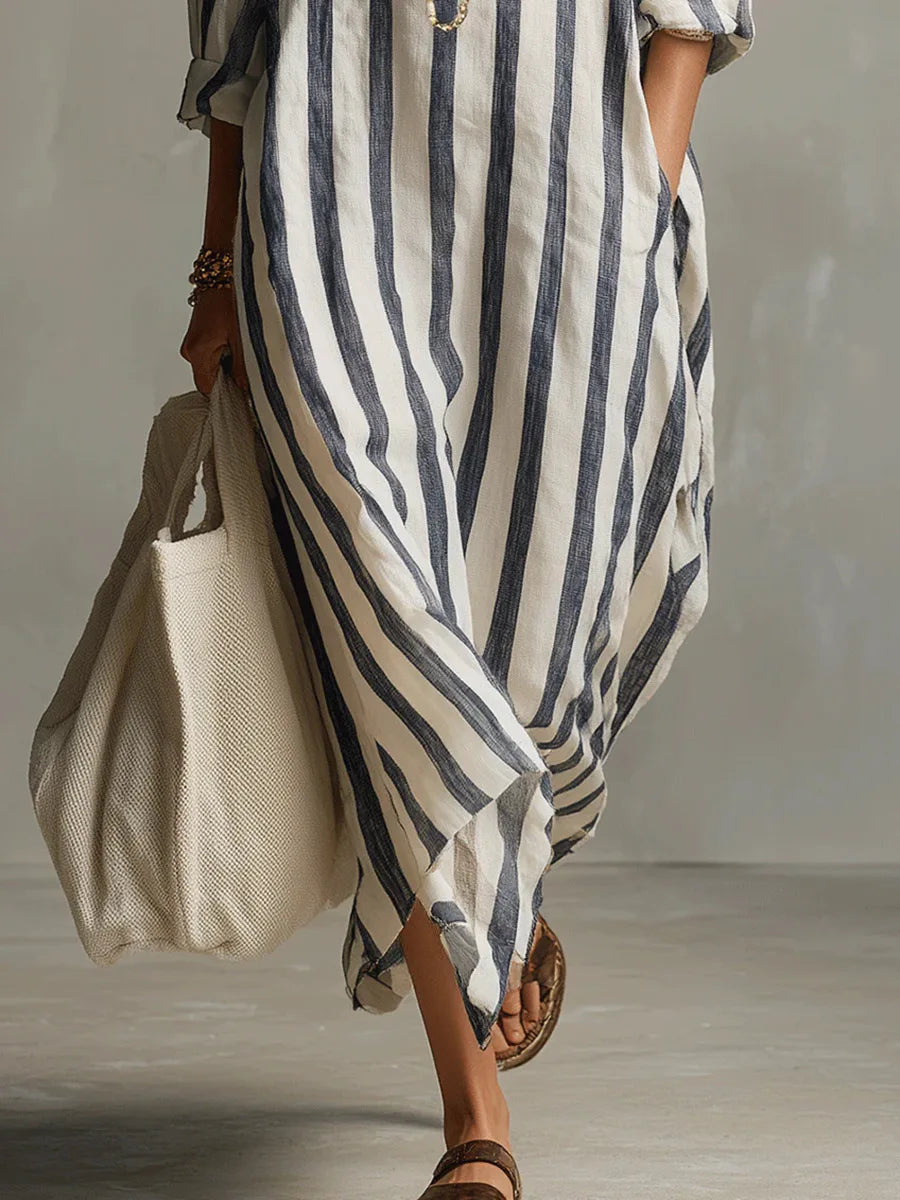 Amélie | Robe Maxi Chemise en Lin Rayé Détendue Manches Longues