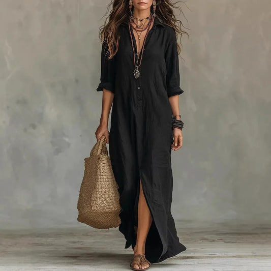 Céleste | Robe Maxi Chemise en Lin Boutonné Manches Longues