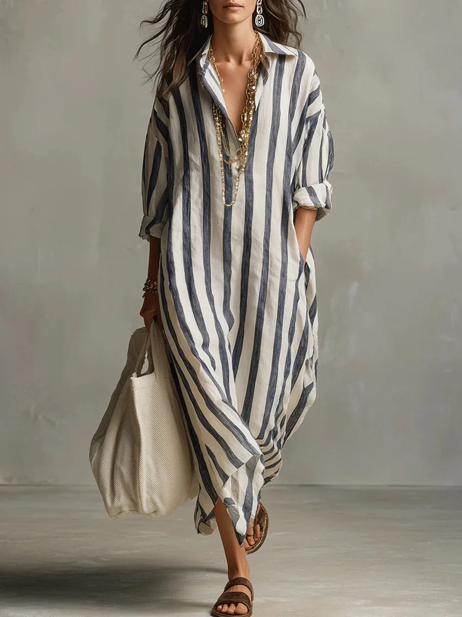 Amélie | Robe Maxi Chemise en Lin Rayé Détendue Manches Longues