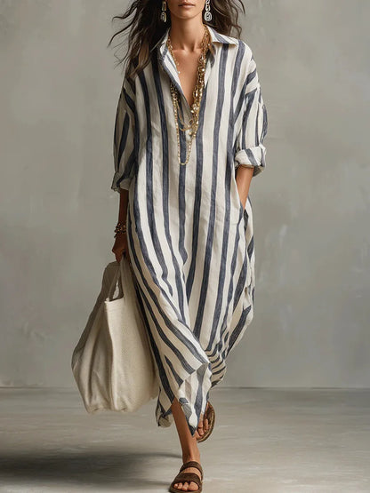 Amélie | Robe Maxi Chemise en Lin Rayé Détendue Manches Longues