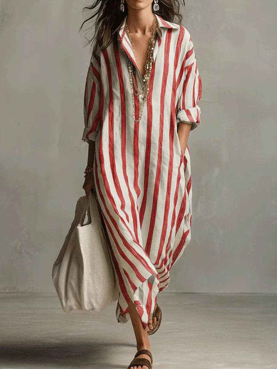 Amélie | Robe Maxi Chemise en Lin Rayé Détendue Manches Longues