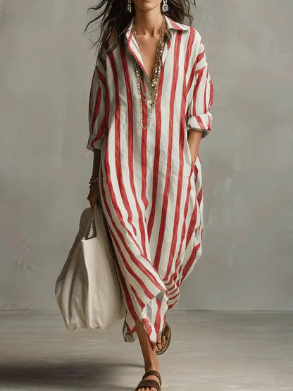 Amélie | Robe Maxi Chemise en Lin Rayé Détendue Manches Longues