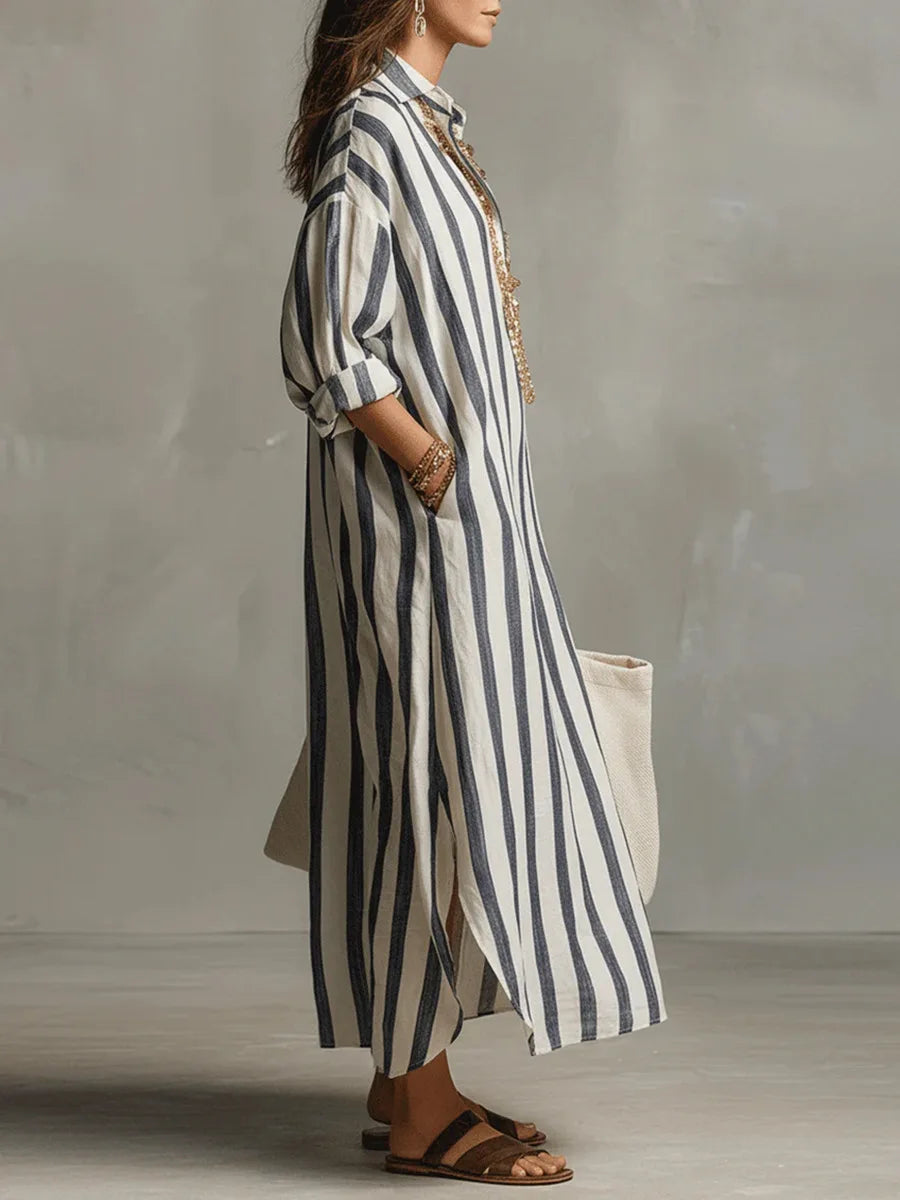 Amélie | Robe Maxi Chemise en Lin Rayé Détendue Manches Longues