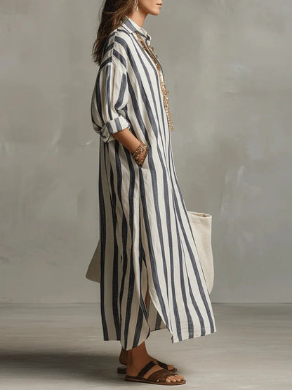 Amélie | Robe Maxi Chemise en Lin Rayé Détendue Manches Longues