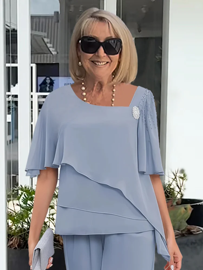 Céleste | Ensemble Deux-Pièces Chiffon Top Volants & Pantalon Large