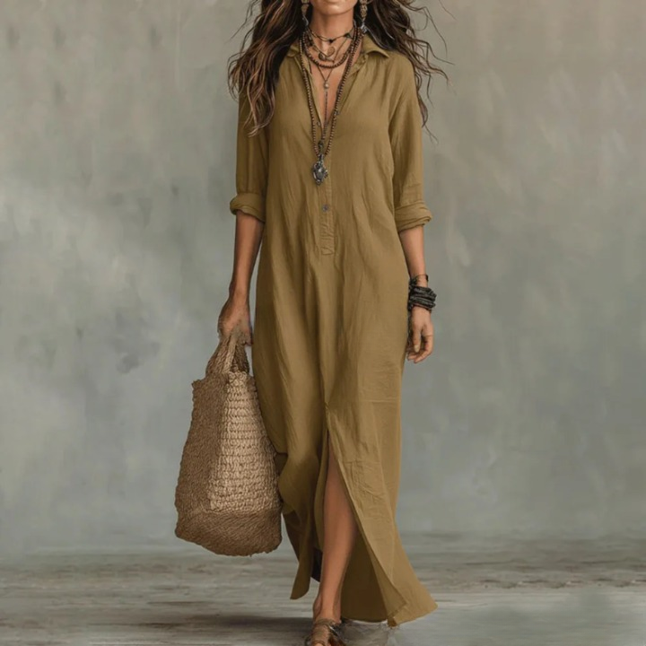 Céleste | Robe Maxi Chemise en Lin Boutonné Manches Longues