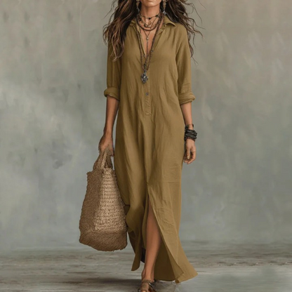 Céleste | Robe Maxi Chemise en Lin Boutonné Manches Longues