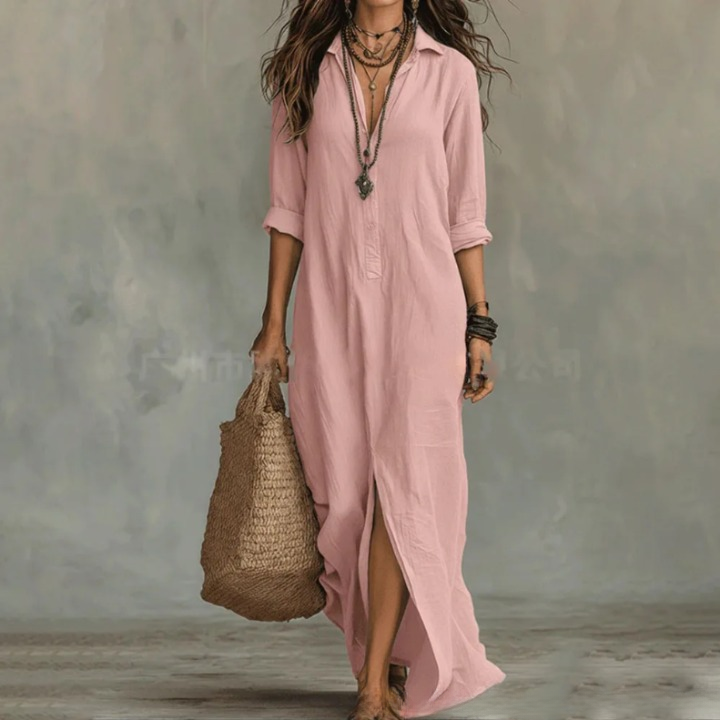 Céleste | Robe Maxi Chemise en Lin Boutonné Manches Longues