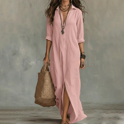 Céleste | Robe Maxi Chemise en Lin Boutonné Manches Longues