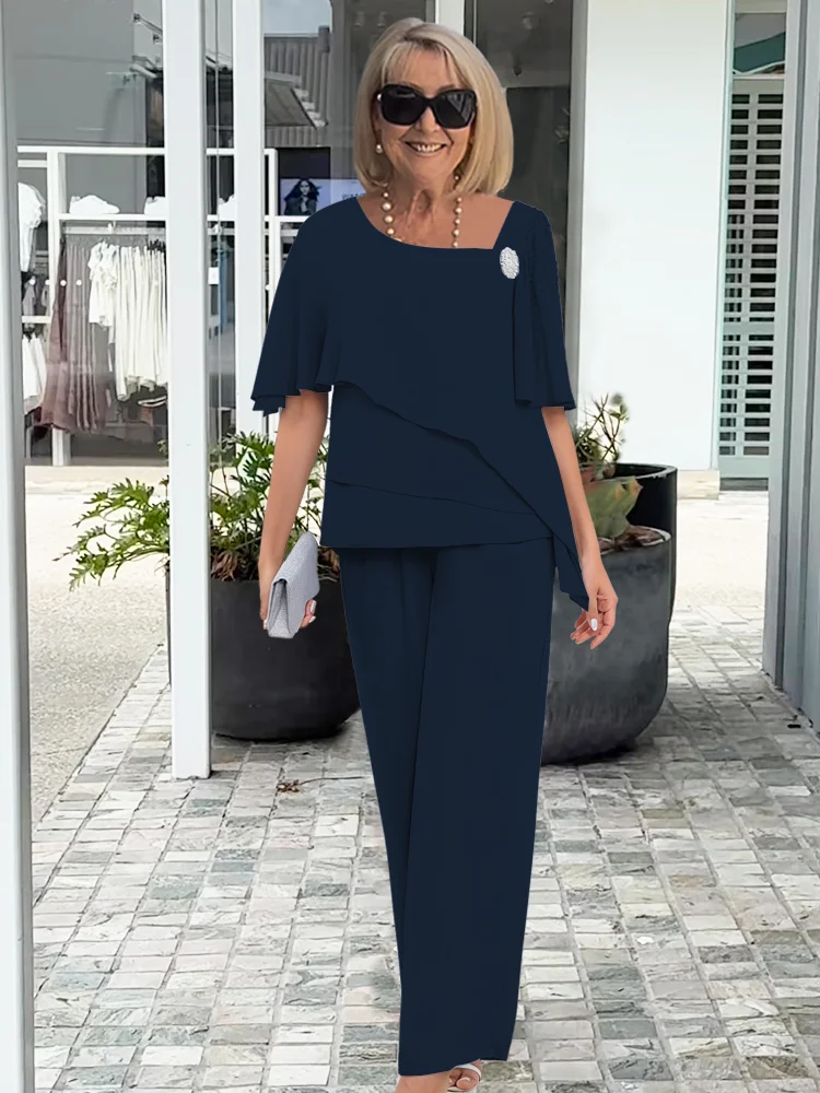 Céleste | Ensemble Deux-Pièces Chiffon Top Volants & Pantalon Large