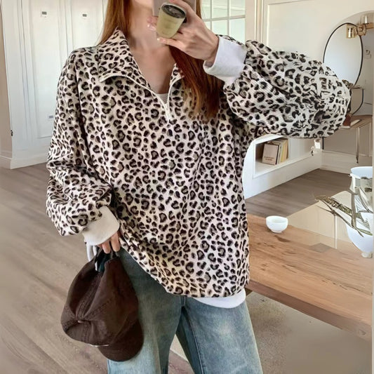 Amandine | Sweat Femme Oversize Léopard Côtelé Demi-Zip à Col