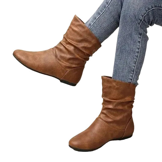 Amara | Bottes Femme à Mi-Mollet en Cuir Froncées Talon Bas