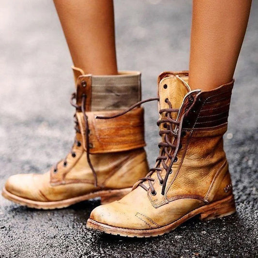 Ambre | Rangers Femme en Cuir Vieilli à Lacets Revers Talon Bas