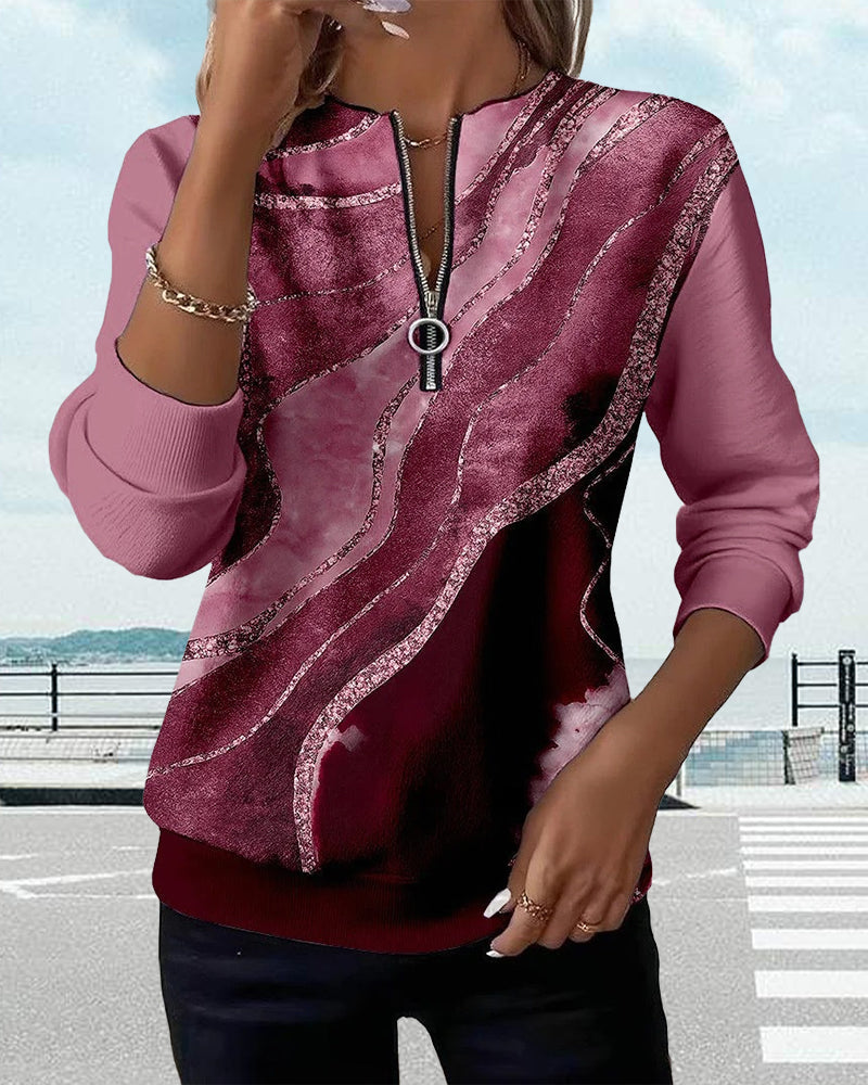 Ambre | Sweat Femme Imprimé Marbré Demi-Zip Col Rond Manches Longues