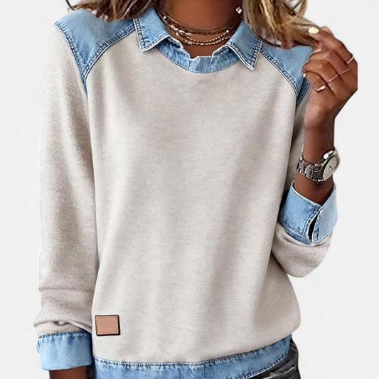 Aurelia | Sweat Femme en Denim Color Block Col Chemise Manches Longues