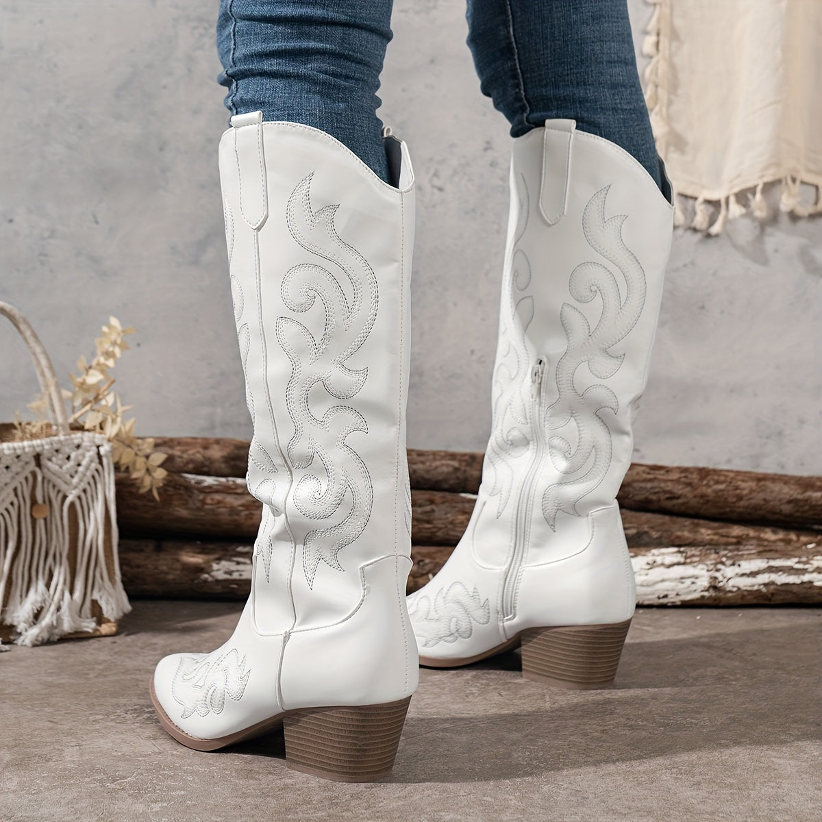 Aurélie | Santiags Femme Hautes en Simili Cuir Brodées Talon Large