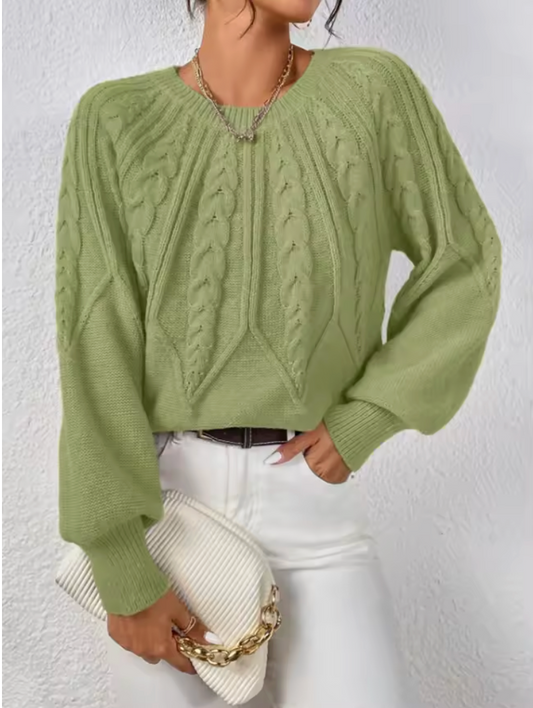 Aurielle | Pull Femme en Maille Torsadée Col Rond Manches Ballon