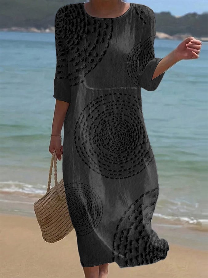 Diane | Robe Midi Boho Imprimé Géométrique Col Rond Manches Longues