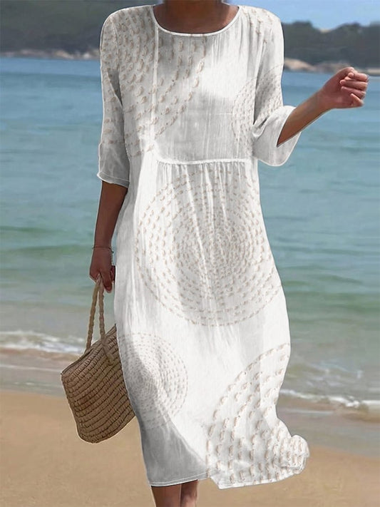 Diane | Robe Midi Boho Imprimé Géométrique Col Rond Manches Longues