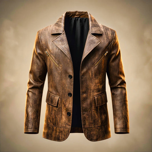Carrollton | Blazer Homme en Cuir Vintage à Revers Boutons et Poches