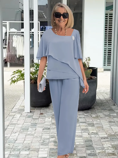 Céleste | Ensemble Deux-Pièces Chiffon Top Volants & Pantalon Large